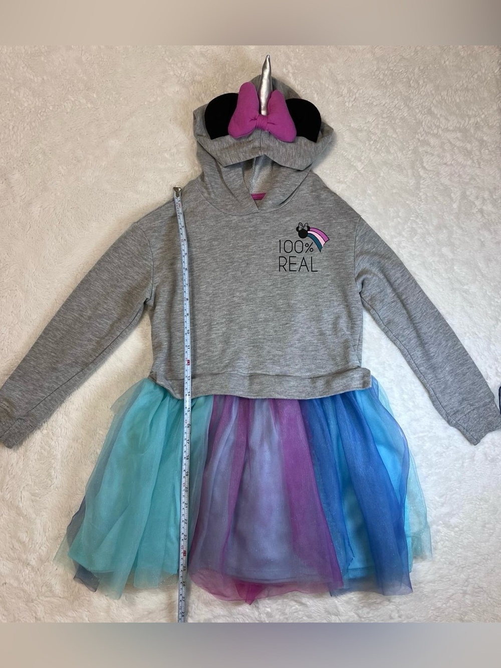 Disney Grey Unicorn Hoodie Tutu Dress with Pink Bow and Multicolor Tulle
